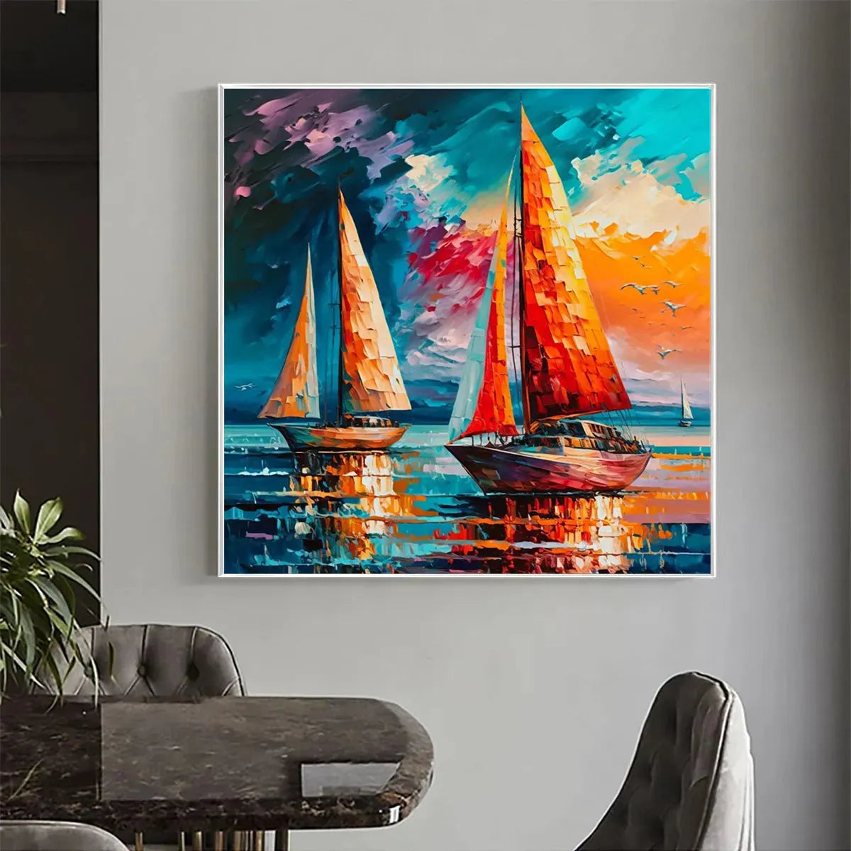 Evening Sail hand-painted ocean blue, ivory and soft neutral tones textured sailboat seascape painting shown as stretched canvas