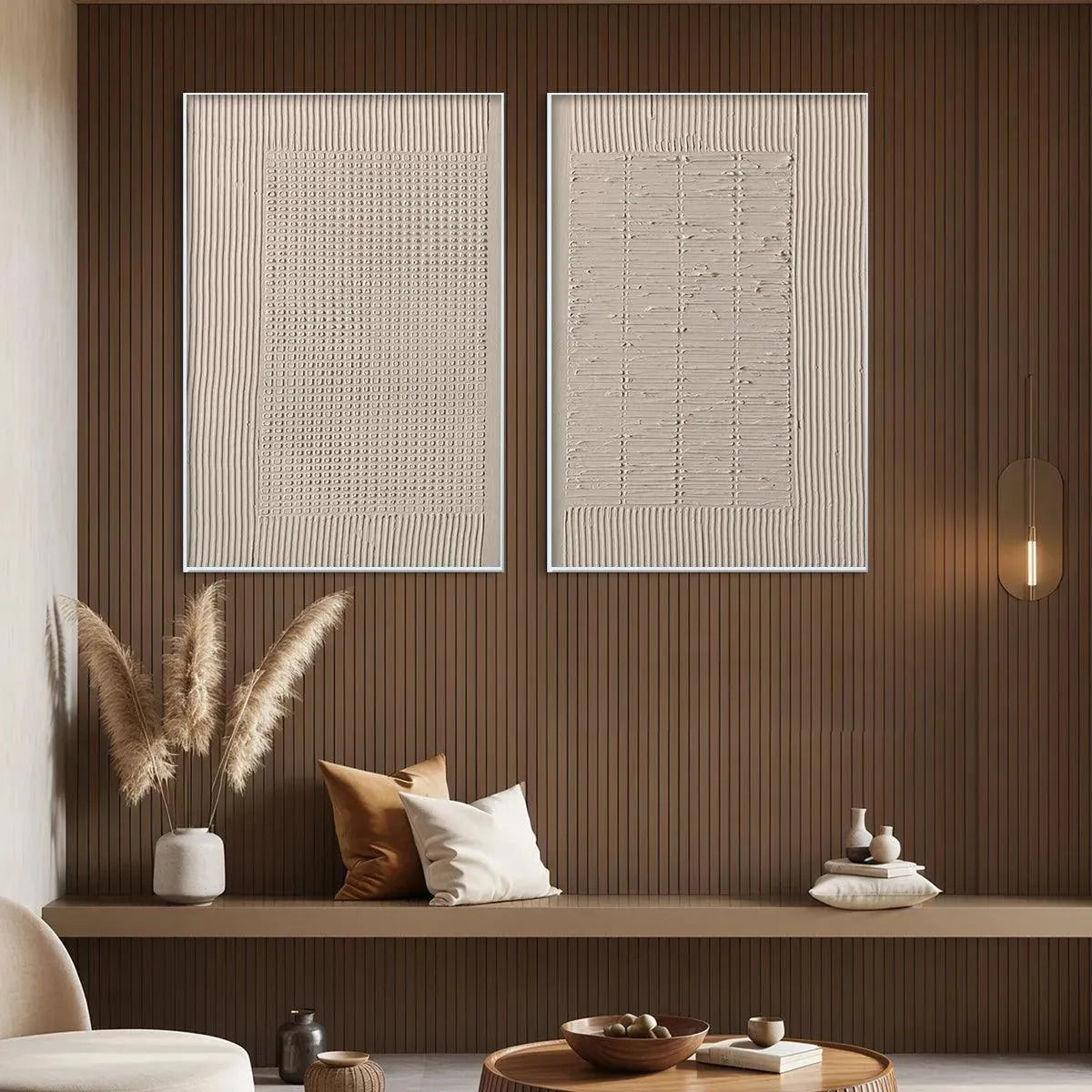 Beige Wabi-Sabi Abstract Textured Oil Painting – Textured Grid Duo