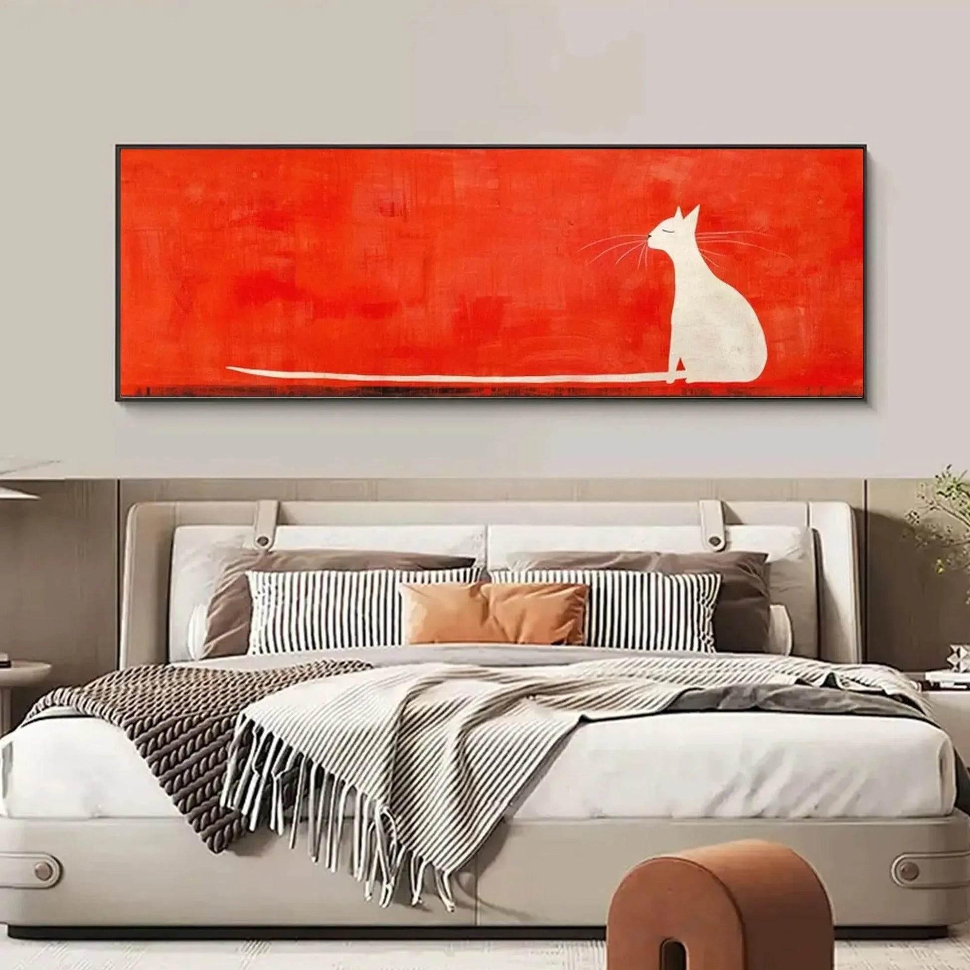 Minimalist Cat On Red Panoramic – Minimalist Cat Oil Painting, view 5