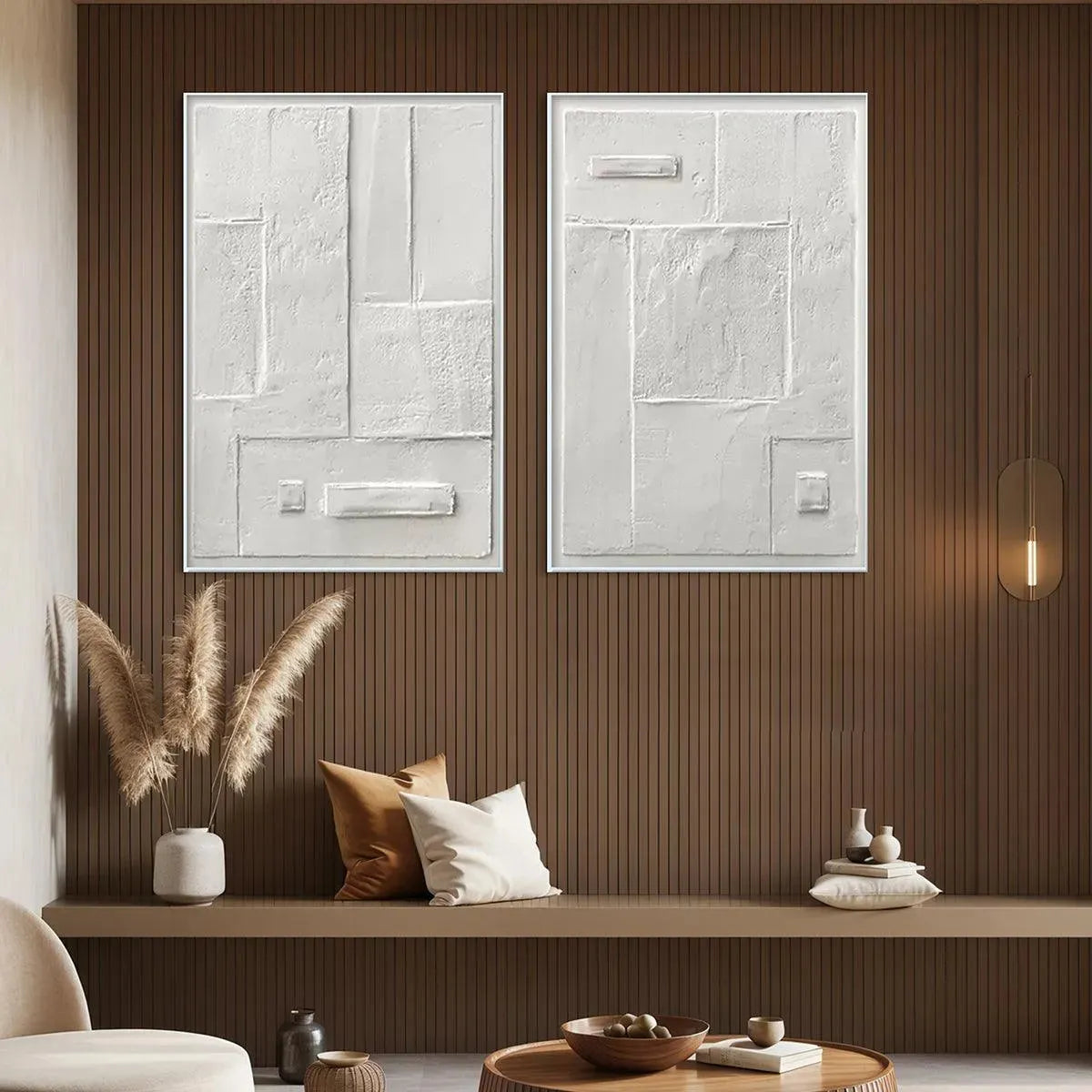 White Wabi-Sabi Abstract Textured Oil Painting – White Textured Vertical Diptych