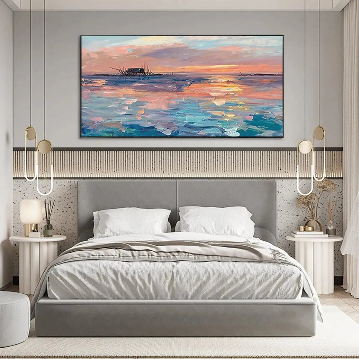 Dusk Reflections hand-painted ocean blue, ivory and soft neutral tones textured sunset seascape painting shown with gold frame