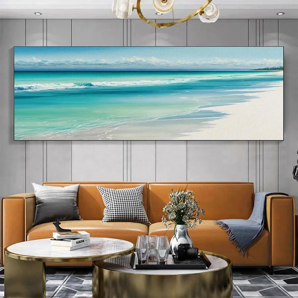 Turquoise Dream hand-painted turquoise and ivory textured seascape painting shown with wood frame