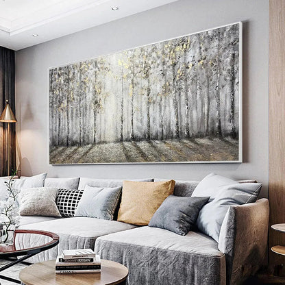 Golden Birchwood hand-painted gold and ivory textured forest landscape painting shown as stretched canvas