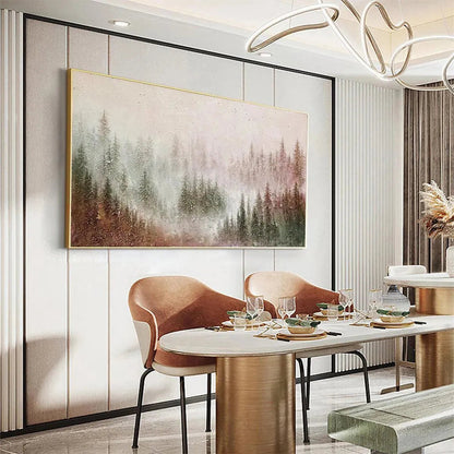 Misty Pines hand-painted forest green, soft grey and warm earth tones textured forest landscape painting shown as stretched canvas