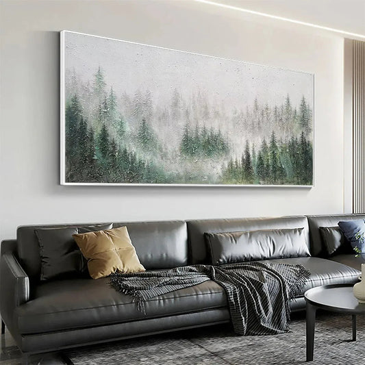 Emerald Mist hand-painted emerald green and ivory textured forest landscape painting shown as stretched canvas