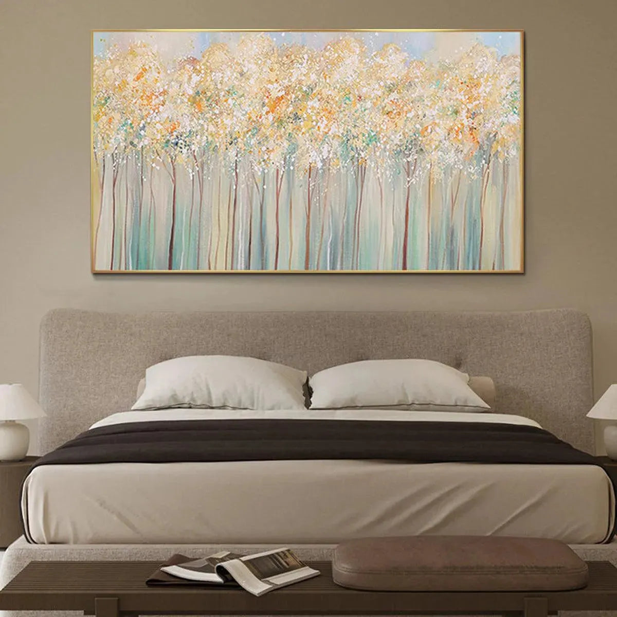 Aspen Glow hand-painted forest green, soft grey and warm earth tones textured forest landscape painting shown as stretched canvas