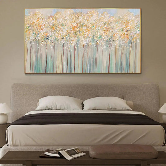 Aspen Glow hand-painted forest green, soft grey and warm earth tones textured forest landscape painting shown as stretched canvas