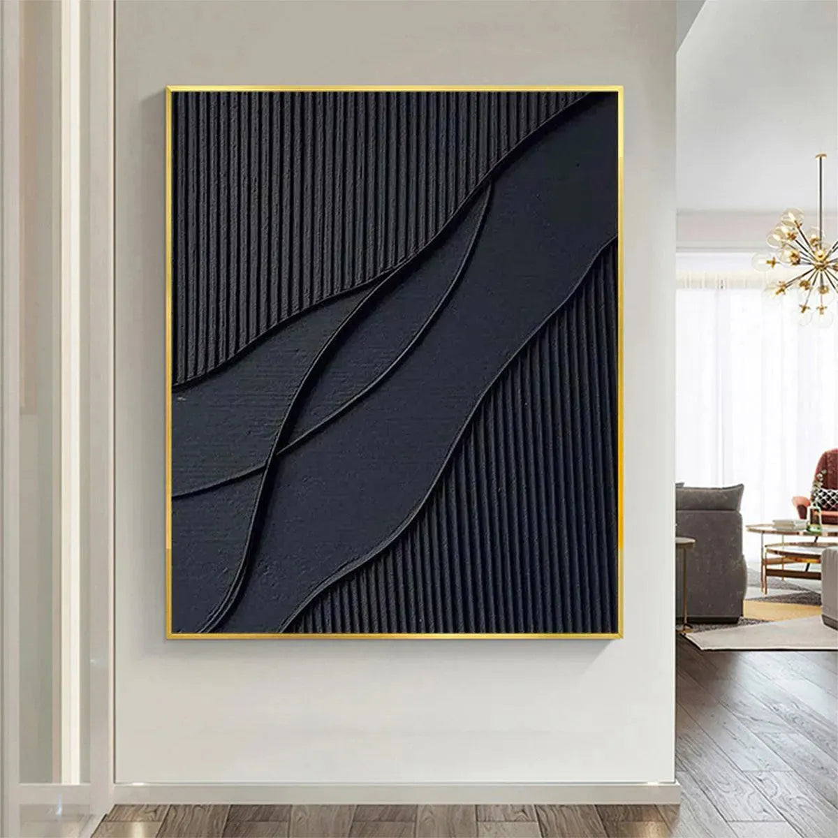 Black Wabi-Sabi Seascape Textured Oil Painting – Black Textured Waves