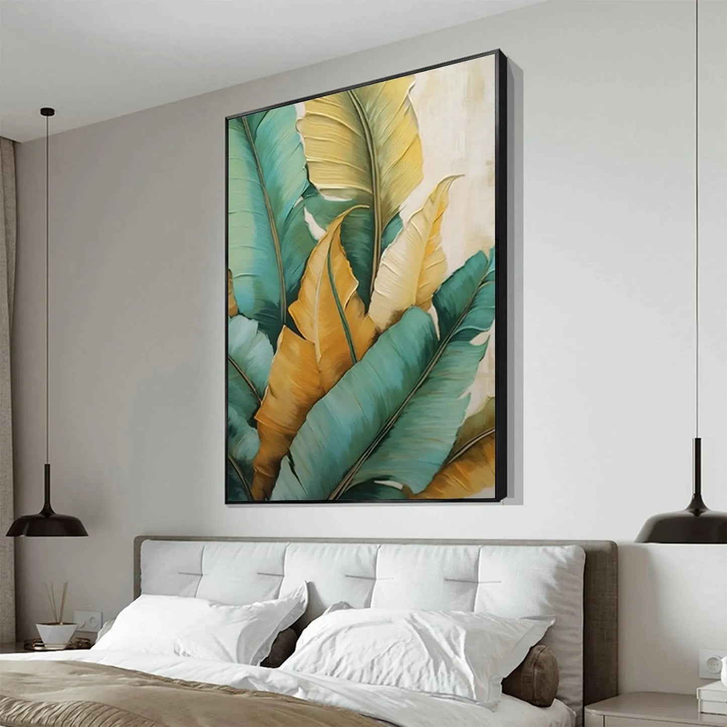 Tropical Abundance hand-painted green, gold and yellow textured botanical painting rolled canvas option