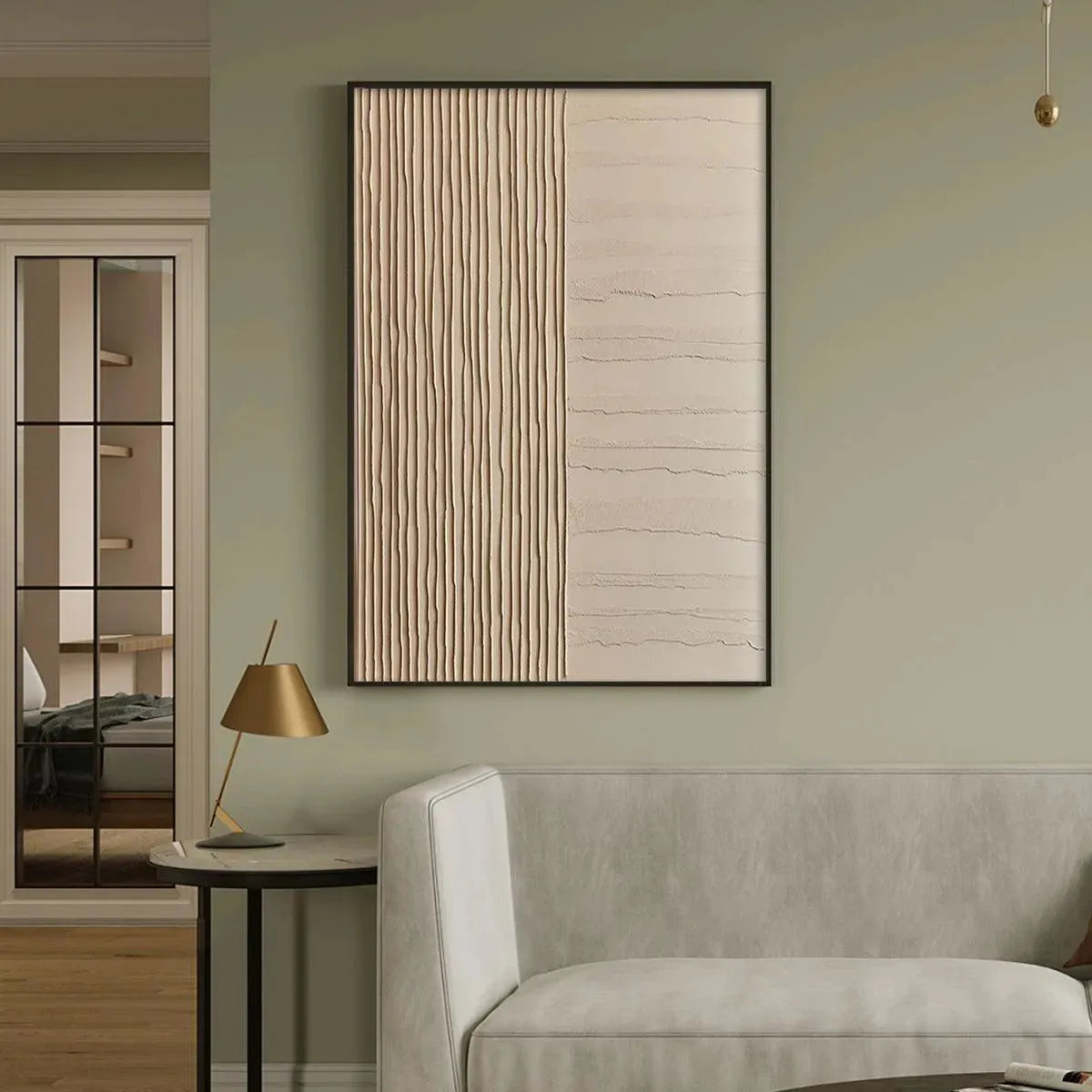 Beige Wabi-Sabi Abstract Textured Oil Painting – Textured Beige Lines