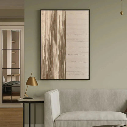 Beige Wabi-Sabi Abstract Textured Oil Painting – Textured Beige Lines