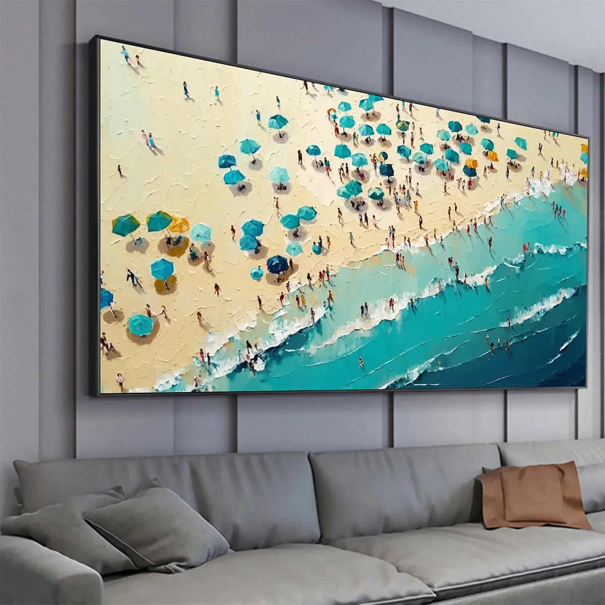 Summer Afternoon hand-painted turquoise and ivory textured beach scene painting shown with white frame
