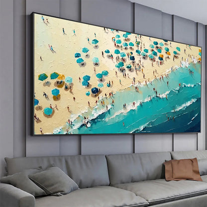 Summer Afternoon hand-painted turquoise and ivory textured beach scene painting shown with white frame