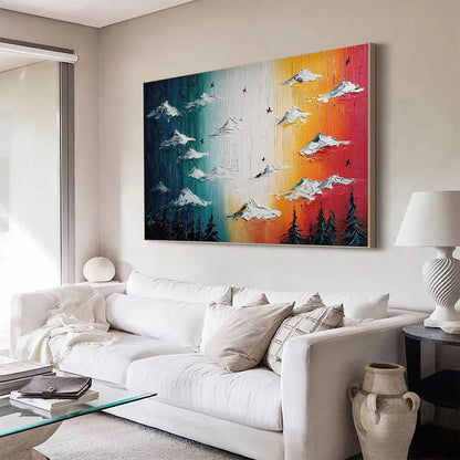 Chromatic Ascension hand-painted crimson, golden yellow, turquoise and violet textured mountain landscape painting shown with gold frame