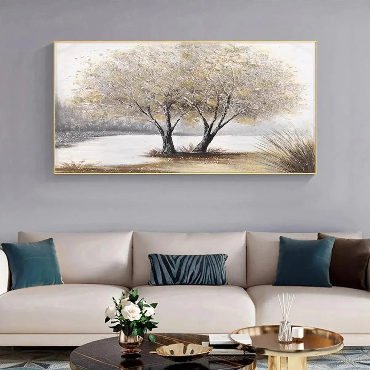 Twilight Trees hand-painted forest green, soft grey and warm earth tones textured forest landscape painting shown as stretched canvas