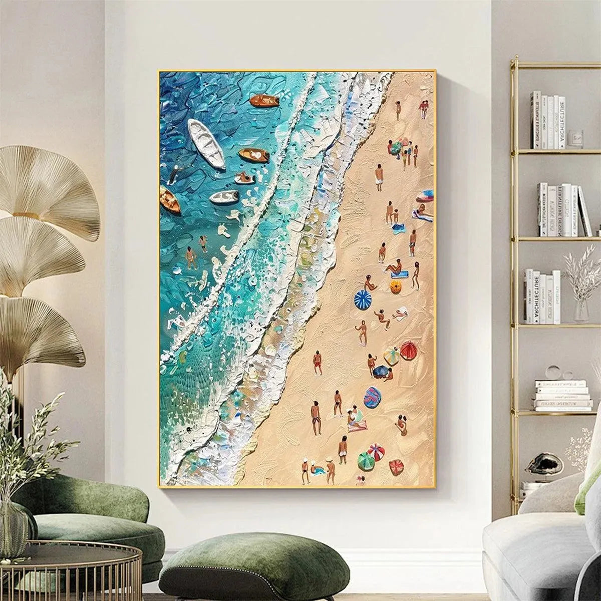 Sun-Kissed Shores hand-painted ocean blue, ivory and soft neutral tones textured beach scene painting shown as stretched canvas