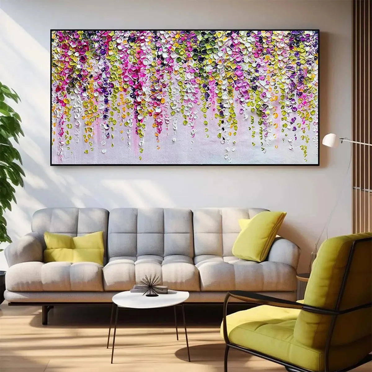 Green and Pink Wisteria Impasto Painting – Wisteria Cascade