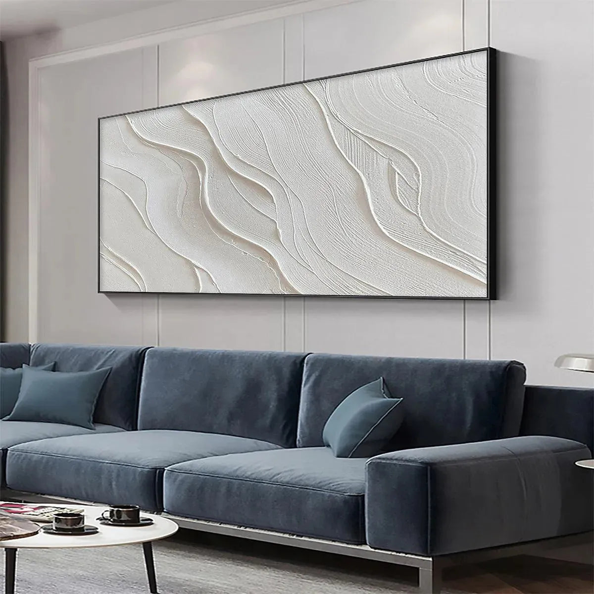 Serene Ripples hand-painted white and soft beige textured coastal abstract painting shown as stretched canvas