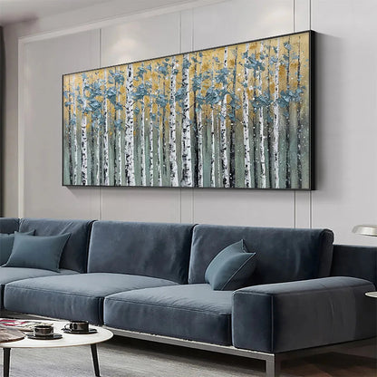 Golden Birch Grove hand-painted white, green and gold textured forest landscape painting shown with white frame