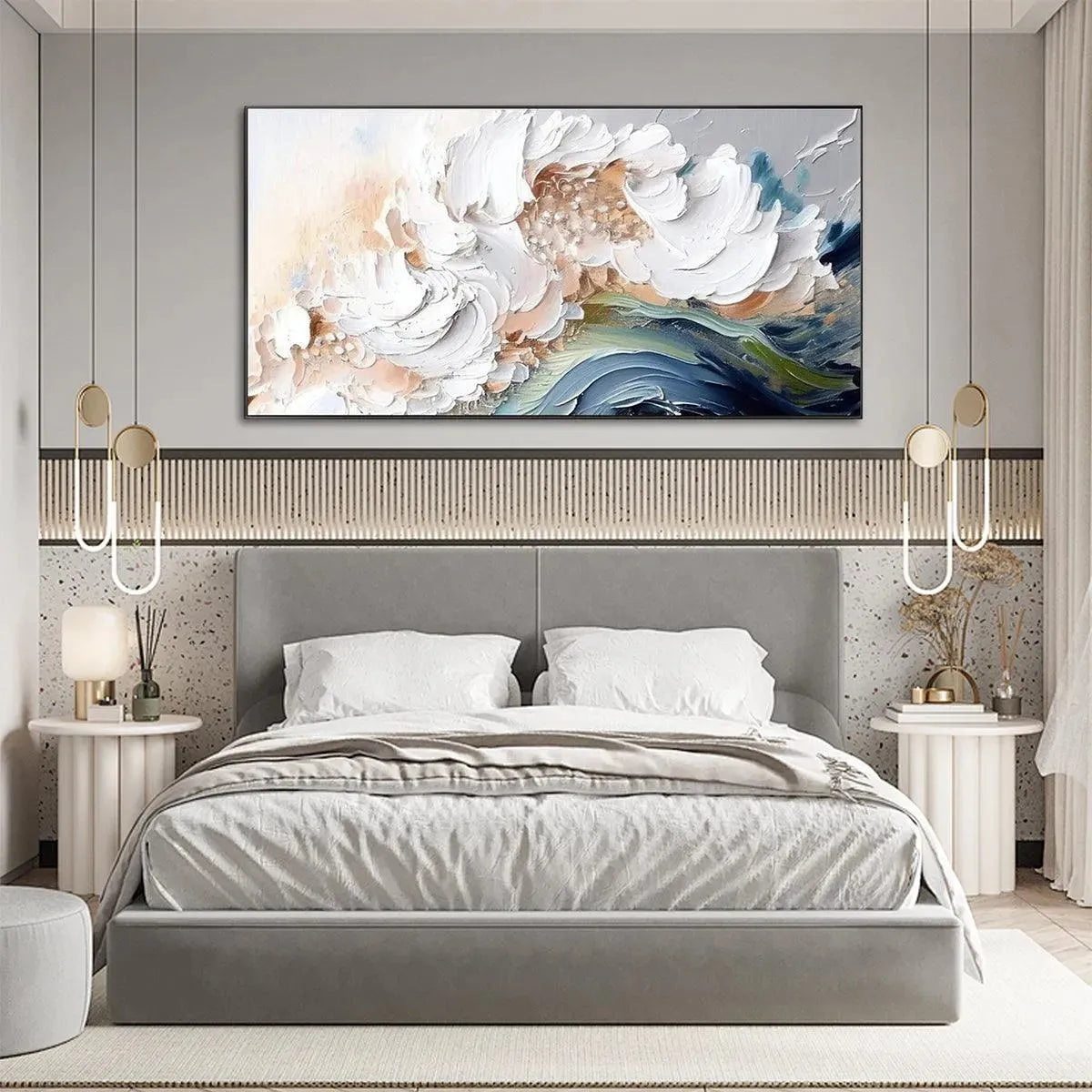 Ocean Whispers hand-painted cream, white and ocean blue textured ocean wave painting shown with wood frame