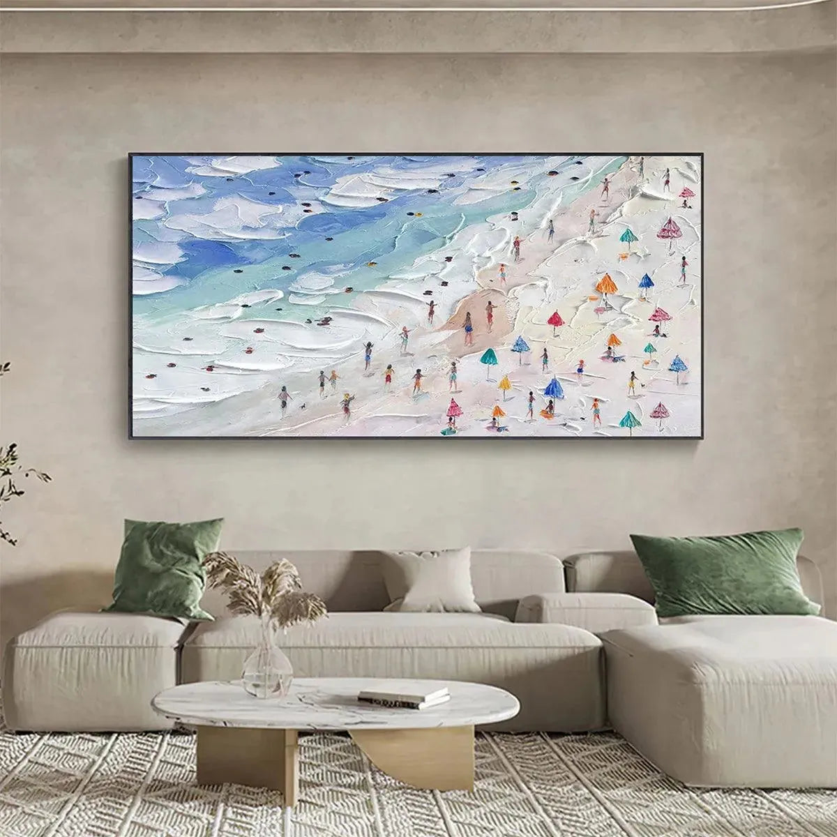Beach Day Vibes hand-painted ocean blue, ivory and soft neutral tones textured beach scene painting shown with white frame
