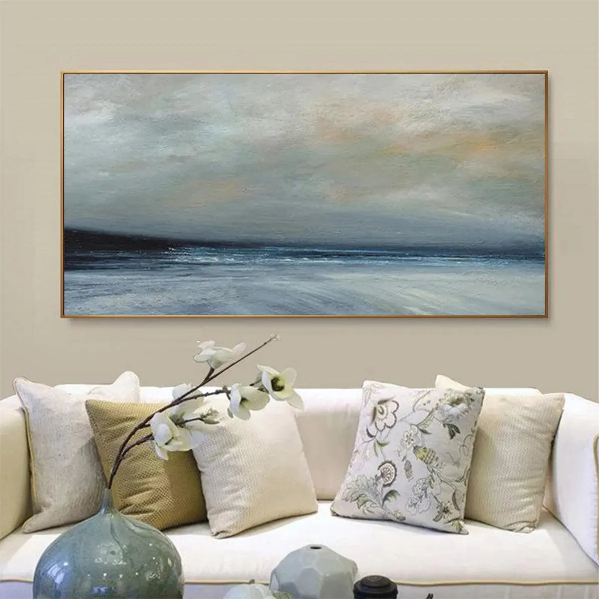 Twilight Coast hand-painted ocean blue, ivory and soft neutral tones textured sunset seascape painting shown with black frame