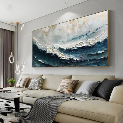 Ocean Dream hand-painted white, ocean blue and gold textured coastal abstract painting shown with white frame