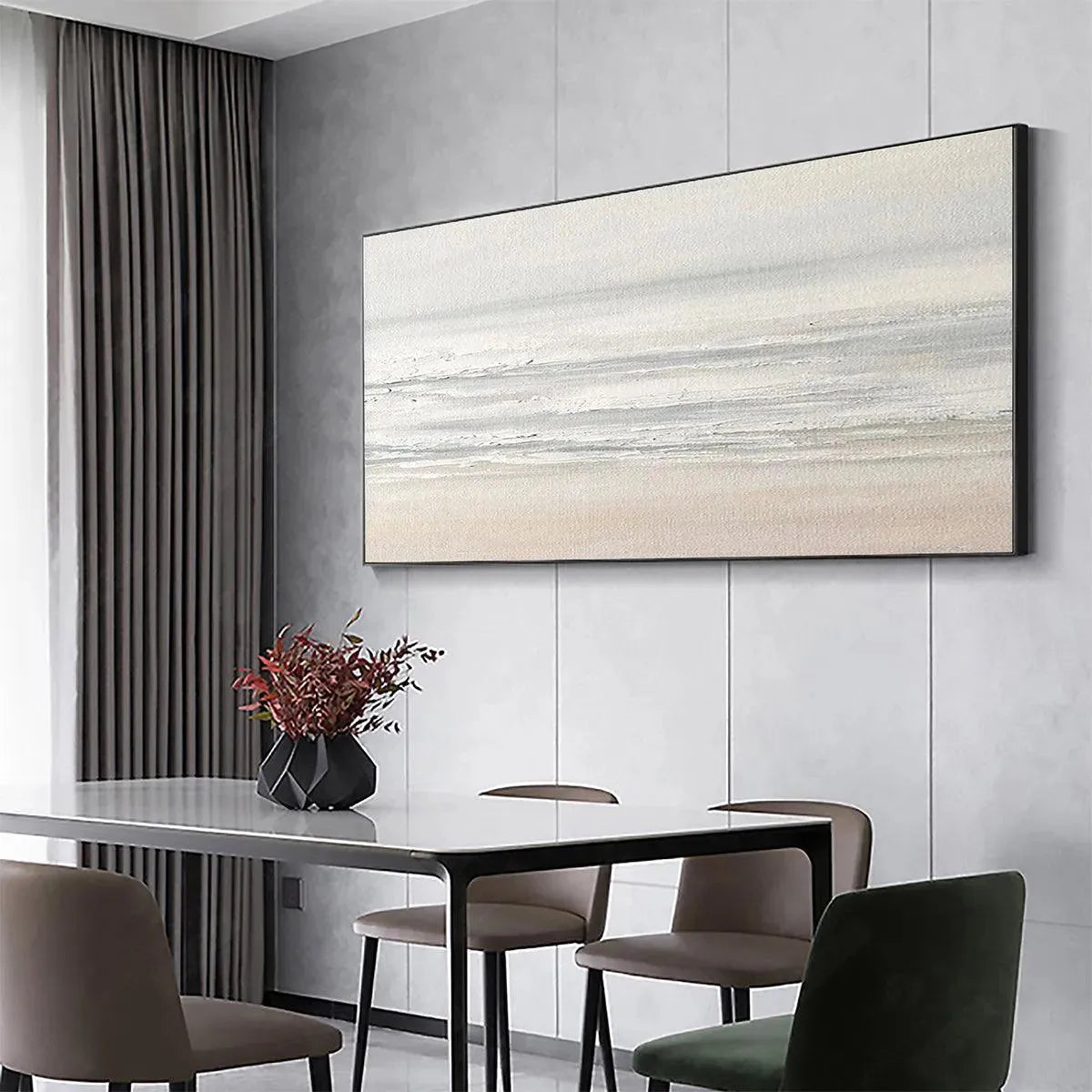 Tranquil Coast hand-painted ocean blue, ivory and soft neutral tones textured coastal landscape painting shown with white frame