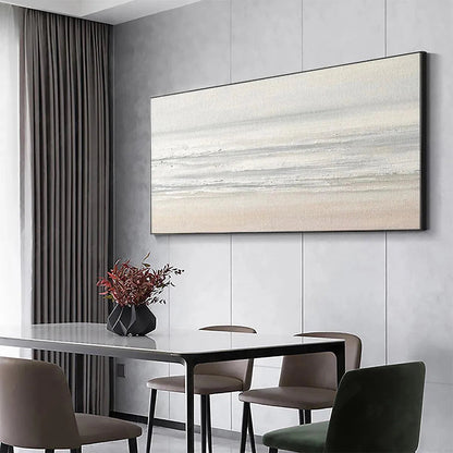Tranquil Coast hand-painted ocean blue, ivory and soft neutral tones textured coastal landscape painting shown with white frame