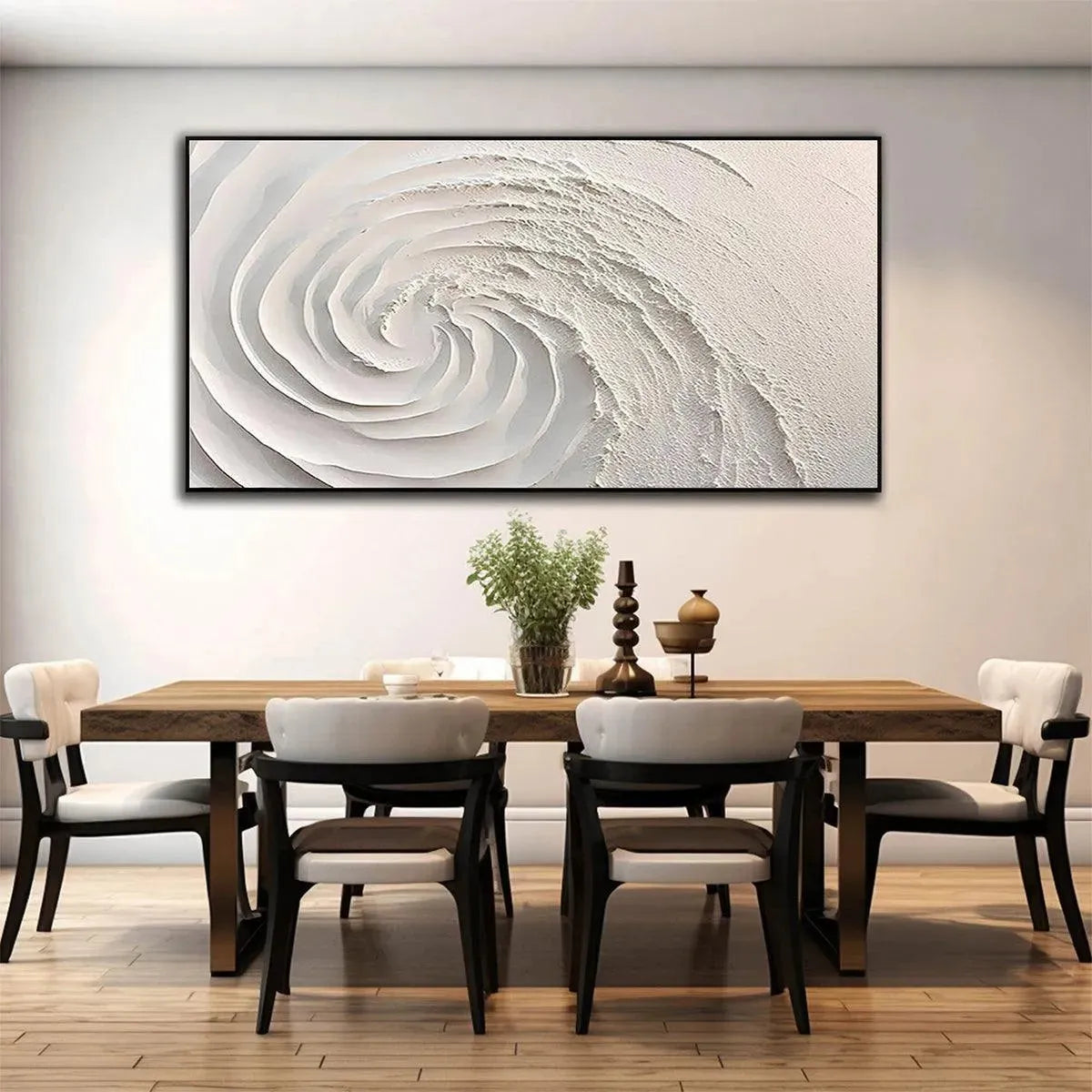Whirlwind hand-painted white and soft beige textured coastal abstract painting shown with black frame