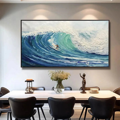 Emerald Surge hand-painted ocean blue and emerald green textured surfer ocean painting shown with white frame