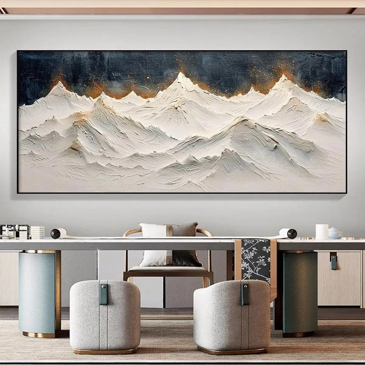 Snowy Peaks hand-painted white and gold textured mountain landscape painting shown with white frame