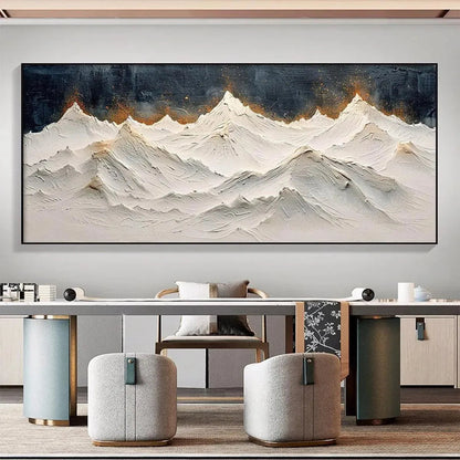 Snowy Peaks hand-painted white and gold textured mountain landscape painting shown with white frame