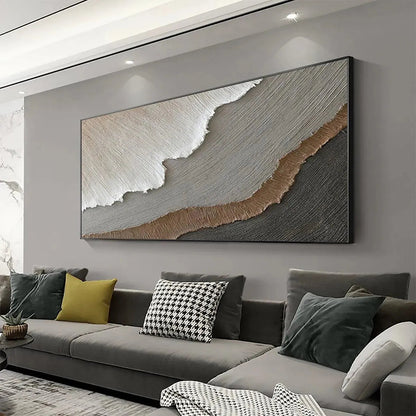 Earth Tones hand-painted white, beige, soft grey and earth brown textured coastal landscape painting shown with white frame