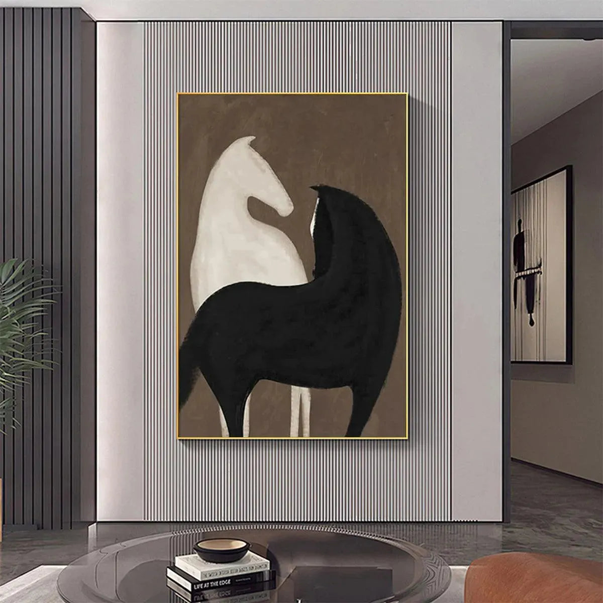 Black and White Minimalist Horse Oil Painting – Two Horses On Brown