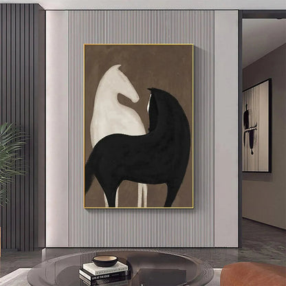 Black and White Minimalist Horse Oil Painting – Two Horses On Brown
