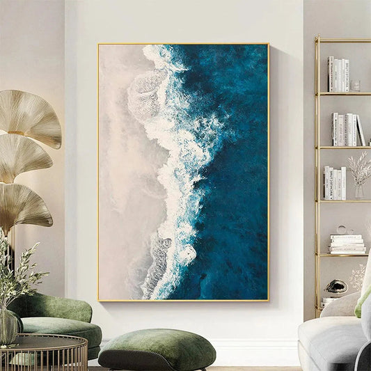 Azure Coast hand-painted beige, azure blue and ocean blue textured coastal abstract painting shown as stretched canvas