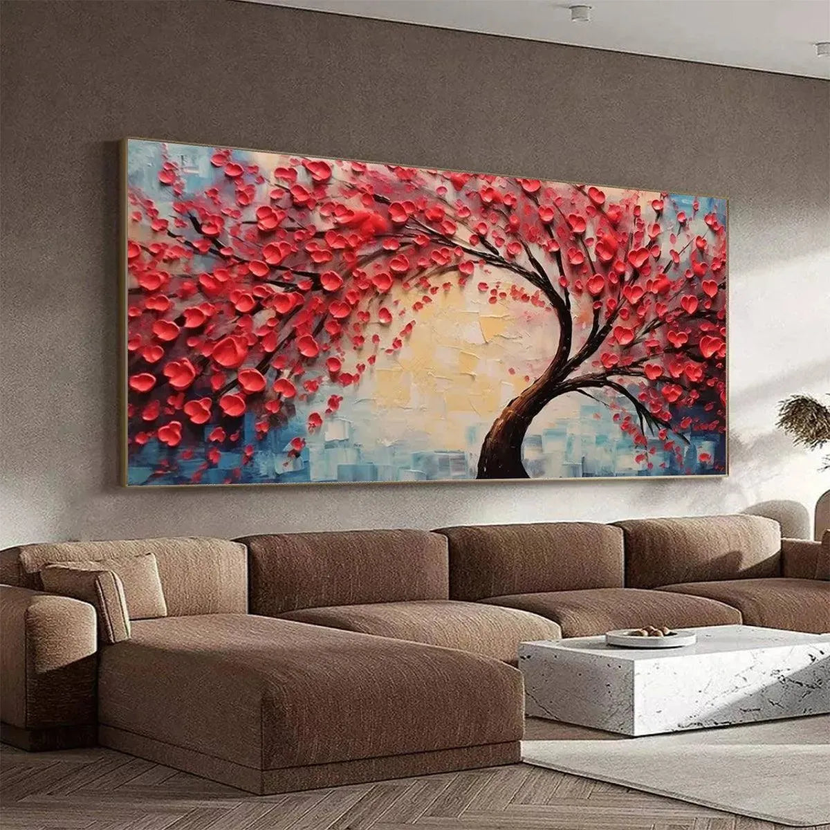 Heart Tree hand-painted red and ivory textured tree painting shown with white frame