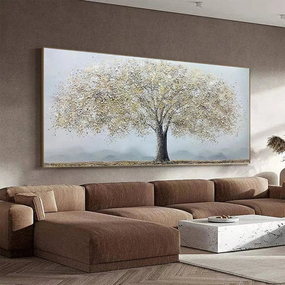 Golden Tree hand-painted soft grey and gold textured tree painting shown with wood frame