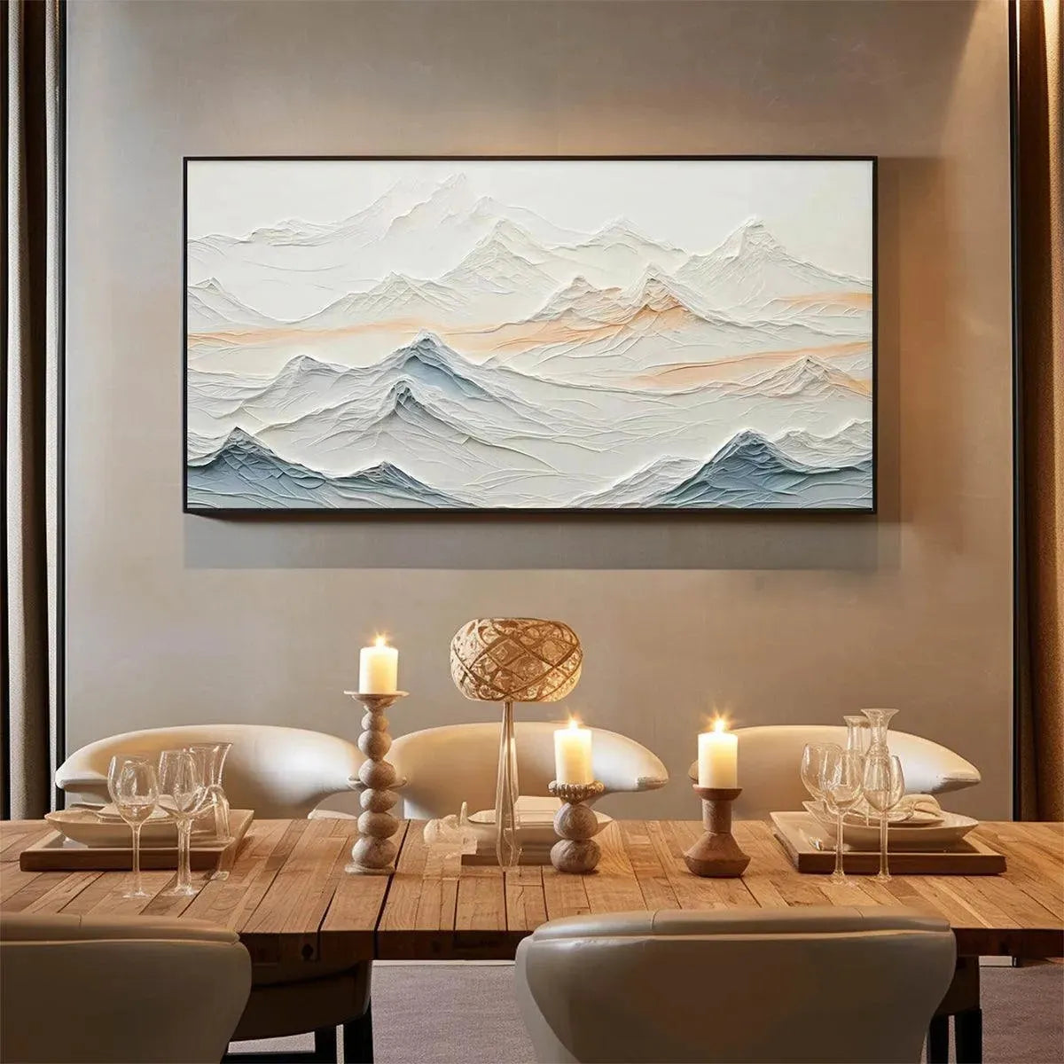 Tranquil Peaks hand-painted beige, ocean blue and orange textured abstract mountain painting shown with white frame