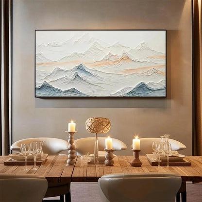 Tranquil Peaks hand-painted beige, ocean blue and orange textured abstract mountain painting shown with white frame