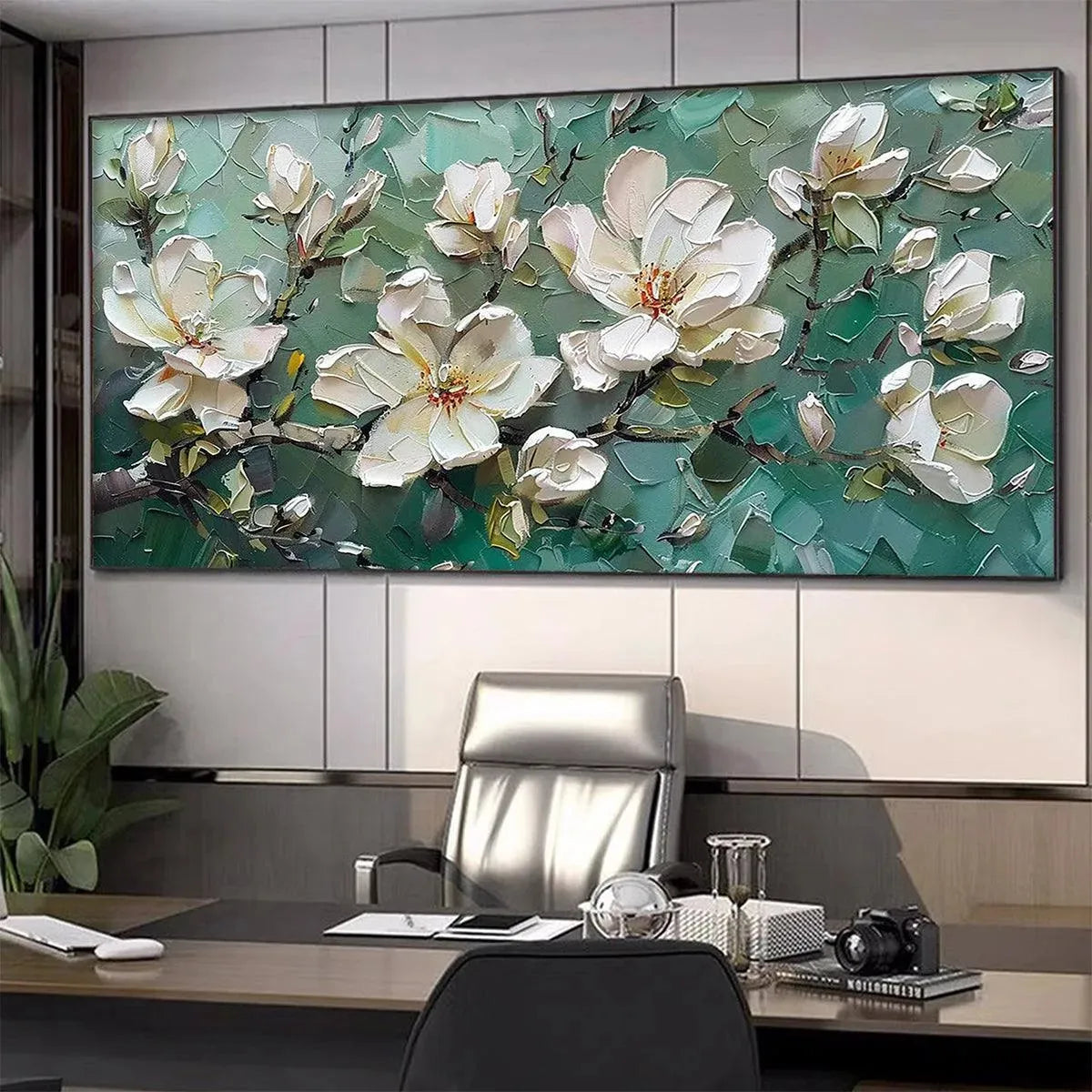 Teal and White Magnolia Impasto Painting – Jade Magnolias