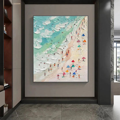 Beach Day hand-painted ocean blue, ivory and soft neutral tones textured beach scene painting shown with wood frame