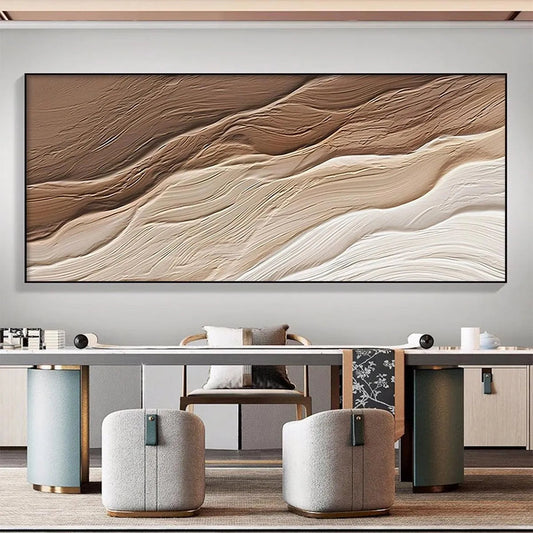 Desert Flow hand-painted beige and earth brown textured coastal landscape painting shown as stretched canvas