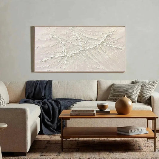 White Sands hand-painted white and soft beige textured coastal abstract painting shown as stretched canvas