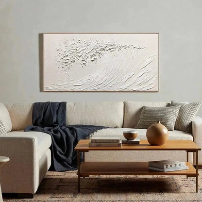 White Wave hand-painted white and soft beige textured ocean wave painting shown with wood frame