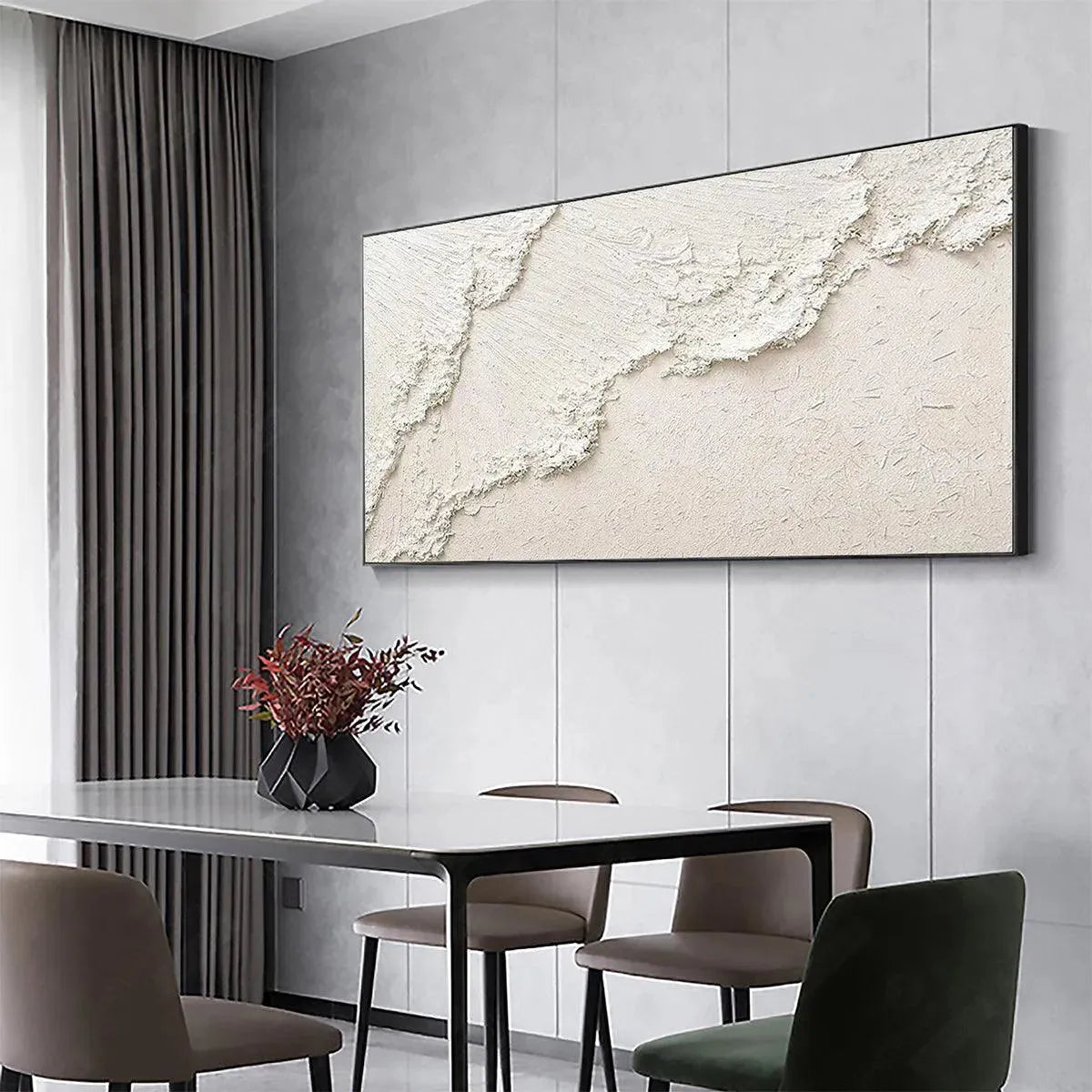 White Crest hand-painted white and soft beige textured ocean wave painting shown with white frame