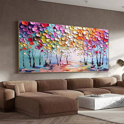 Enchanted Forest hand-painted crimson, golden yellow, turquoise and violet textured forest landscape painting shown with white frame