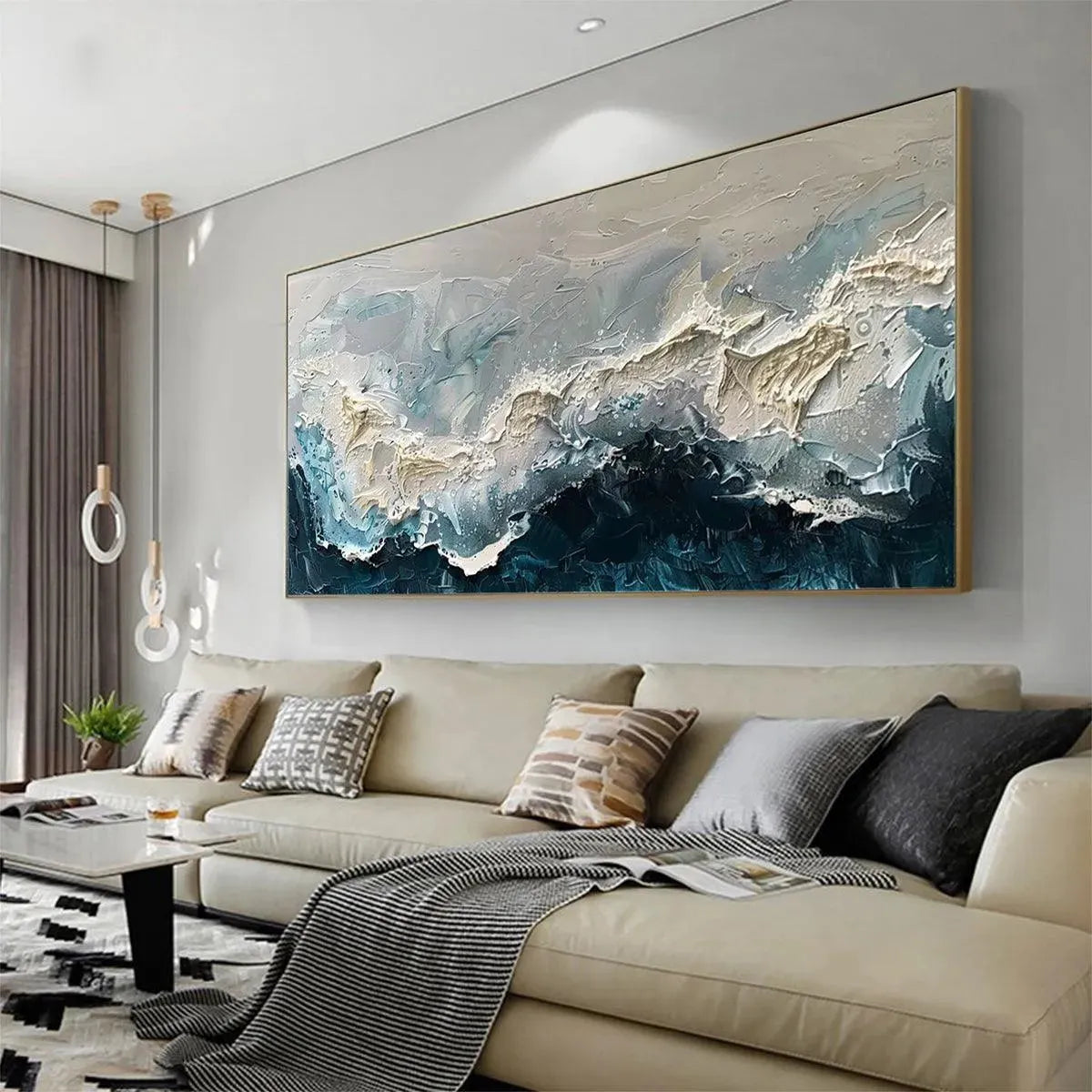 Frozen Motion hand-painted white and teal textured coastal abstract painting shown with white frame