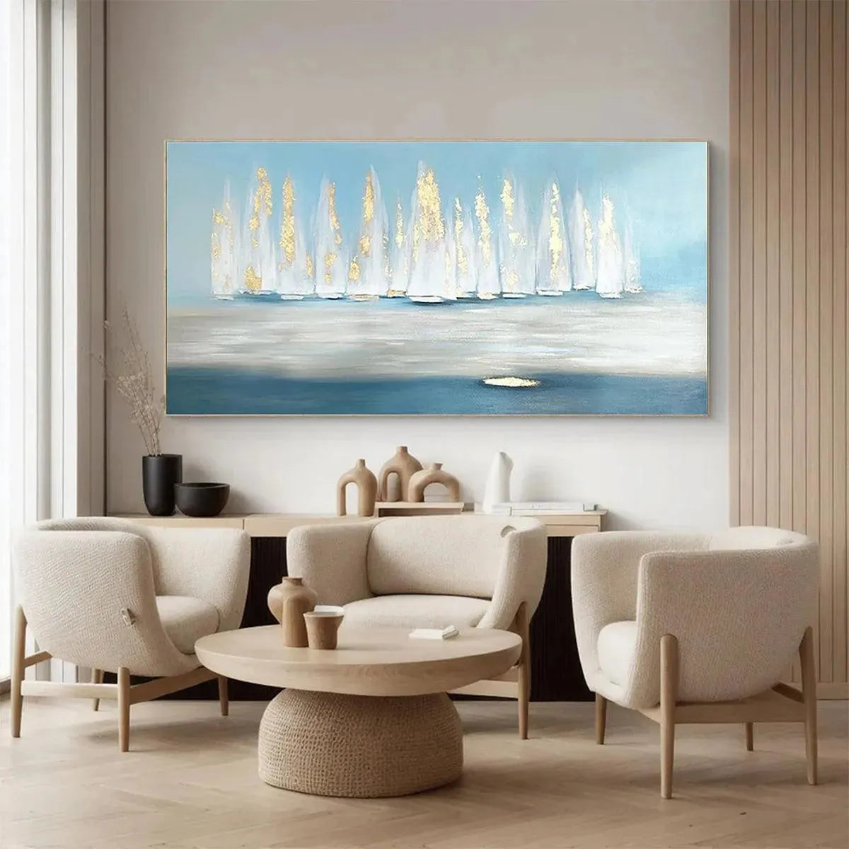 Golden Sails hand-painted gold and ivory textured sailboat seascape painting shown with white frame